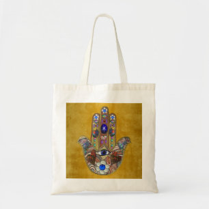 Hamsa Harten Bloemen Opal Kunst op Goud Tote Bag