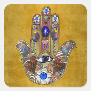 Hamsa Harten Bloemen Opal Kunst op Goud Vierkante Sticker