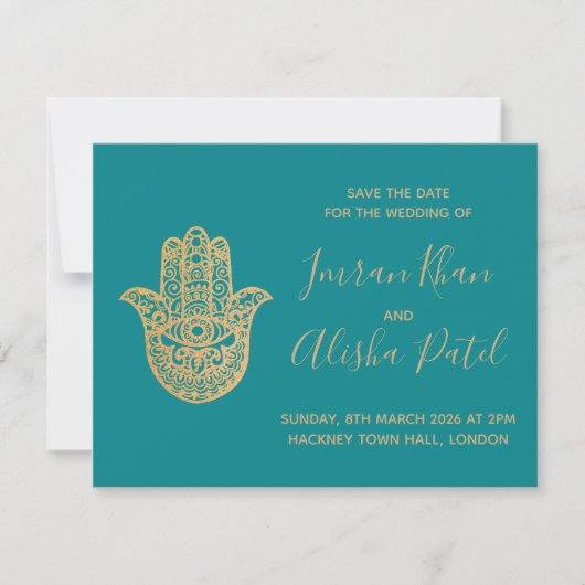 Hamsa Henna Or Bleu sarcelle Invitation de mariage (Devant)