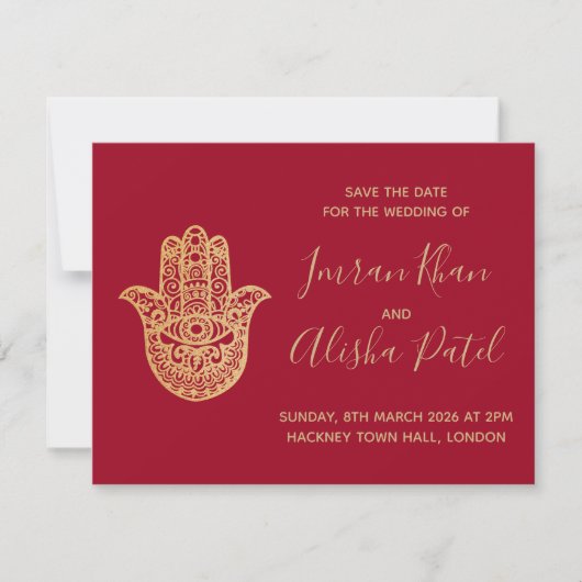 Hamsa Henna Or Rouge Invitation de Mariage Desi (Devant)