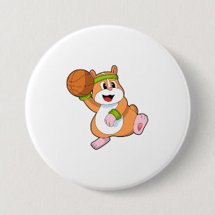 Hamster als Basketballspeler met Basketball Ronde Button 7,6 Cm