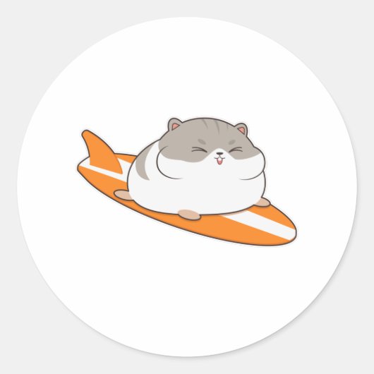 Hamster als Surfer met Surfboard Ronde Sticker (Voorkant)
