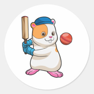 Hamster bij Cricket met cricket bat & Pet Ronde Sticker