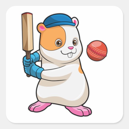 Hamster bij Cricket met cricket bat & Pet Vierkante Sticker (Voorkant)
