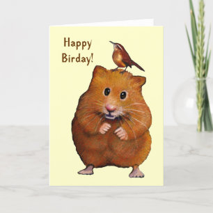 Hamster en vogel: Happy Bird Day, Birthday Kaart