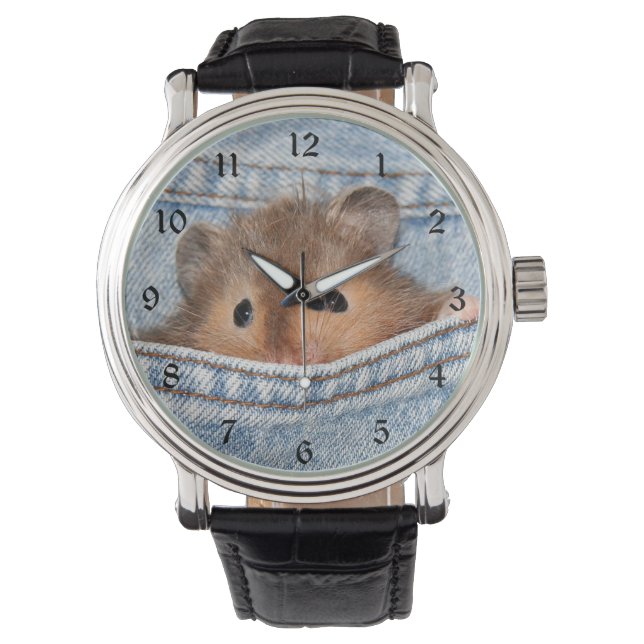 Hamster in blauwe jeans horloge (Voorkant)