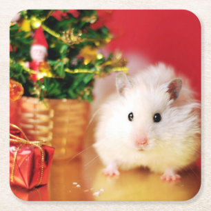 Hamster Kokolinka met kerstboom Vierkante Kartonnen Onderzetter