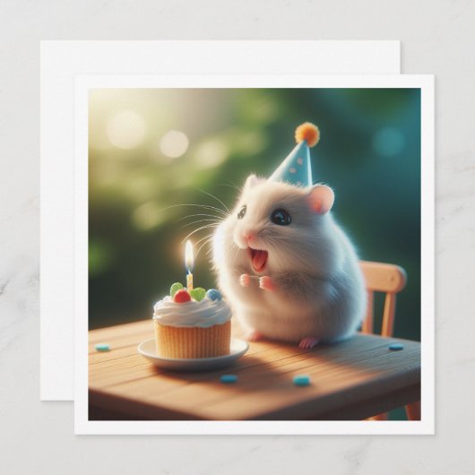 Hamster mangeant gâteau invitation anniversaire (Devant / Derrière)