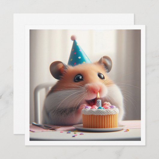 Hamster mangeant gâteau invitation anniversaire (Devant / Derrière)