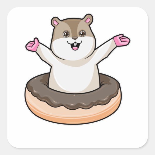 Hamster met Chocolate Donut Vierkante Sticker (Voorkant)