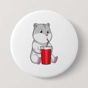 Hamster met Mok en Drink stro Ronde Button 7,6 Cm