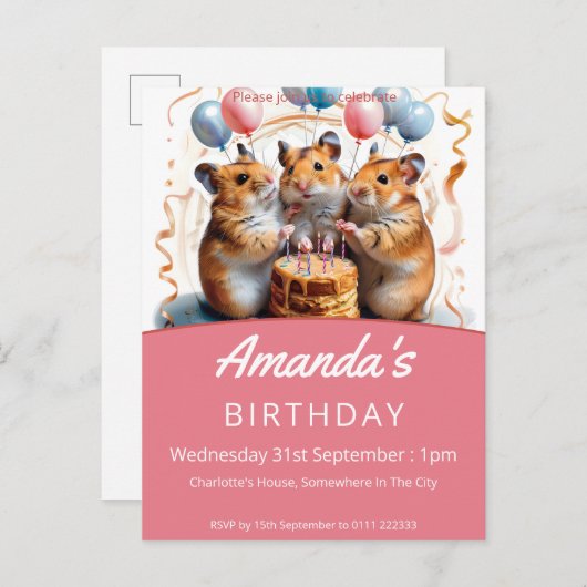 Hamsters verjaardagsfeestje uitnodiging briefkaart (Voorkant / Achterkant)