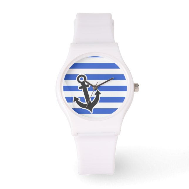 Han Blue Horizontal Stripes; Nautical Anchor Horloge (Voorkant)