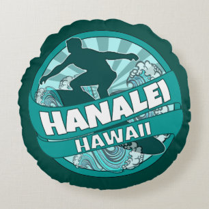 Hanalei Hawaii logo turquoise surfer tour coussin