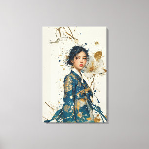 Hanbok Bleu Moderne et Toile d'Art Floral à Feuill