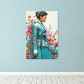 Hanbok sarcelle vibrant et toile d'art de fleurs s (Insitu (Plancher de Bois))