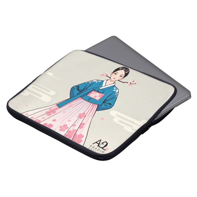 Hanbok Vrouw met Blauwe Top en Cherry Blossom Moti Laptop Sleeve (Voorkant top)
