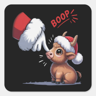 Hand Boop Kerstmis Hoogland Koe Santa Boer  Vierkante Sticker