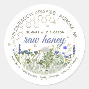 Hand Bottled Pure Local Raw Wildbloemen met bijen Ronde Sticker