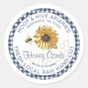 Hand Cut Honeycomb Sunflower Bee Rustic Gingham Ronde Sticker