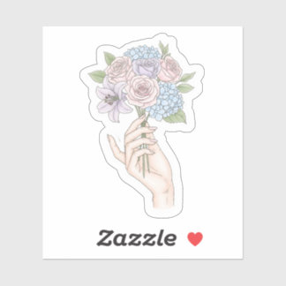 Hand die een pastelkleurig bloemenboeket vasthoudt sticker