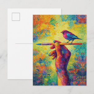 Hand die een penseel vasthoudt met vogel Creatief Briefkaart