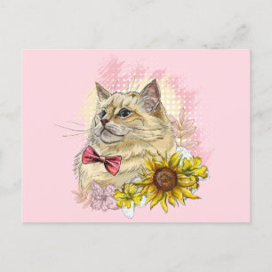 Hand die grappige rode Ragdoll-kat met bloemen tek Briefkaart