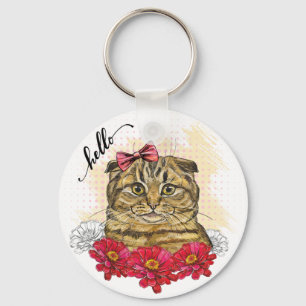 Hand die Schots vouwkat met rode bloemen tekent na Sleutelhanger