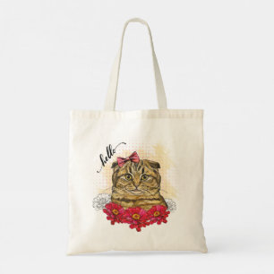 Hand die Schotse volkskat met rode bloemen tekent Tote Bag