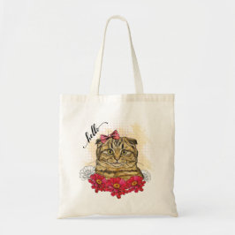 Hand die Schotse volkskat met rode bloemen tekent Tote Bag