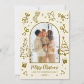 Hand-Drawn Arch Photo Gold Beige Merry Christmas Feestdagenkaart (Voorkant)