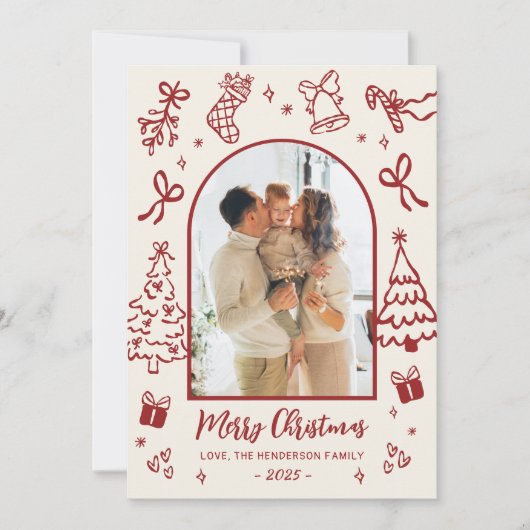 Hand-Drawn Arch Photo Red Beige Merry Christmas Feestdagenkaart (Voorkant)