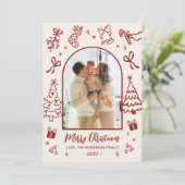 Hand-Drawn Arch Photo Red Beige Merry Christmas Feestdagenkaart (Staand voorkant)