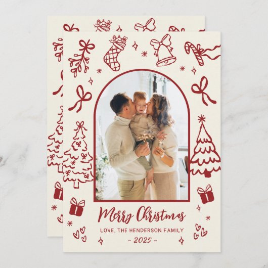 Hand-Drawn Arch Photo Red Beige Merry Christmas Feestdagenkaart (Voorkant / Achterkant)