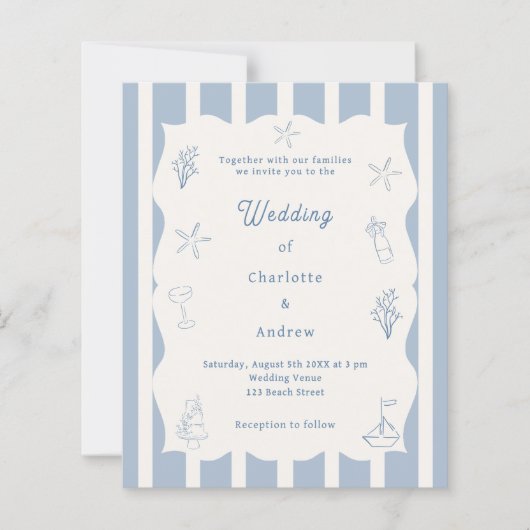 Hand drawn beach blue ivory wedding invitation (Voorkant)