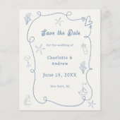 Hand drawn beach blue ivory wedding Save the Date Flyer (Voorkant)