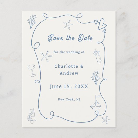 Hand drawn beach blue ivory wedding Save the Date Flyer (Voorkant)