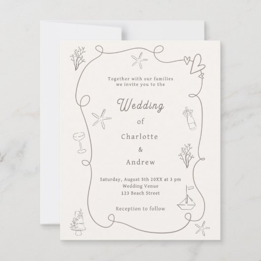 Hand drawn beach sand ivory wedding invitation (Voorkant)