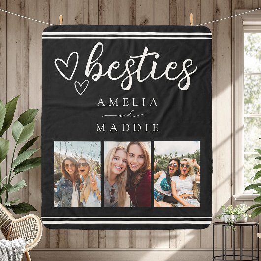 Hand Drawn Besties Photo Collage Black and White Sherpa Deken