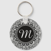 Hand Drawn Black and White Flower Pattern Monogram Sleutelhanger (Voorkant)