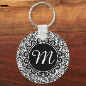 Hand Drawn Black and White Flower Pattern Monogram Sleutelhanger (Voorkant)