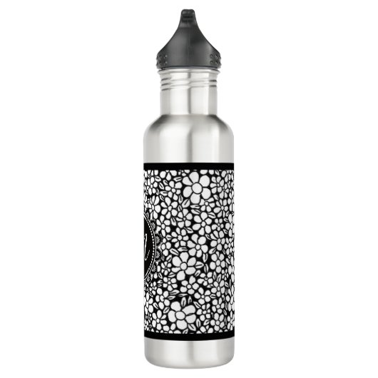 Hand Drawn Black and White Flower Pattern Monogram Waterfles (Rechts)