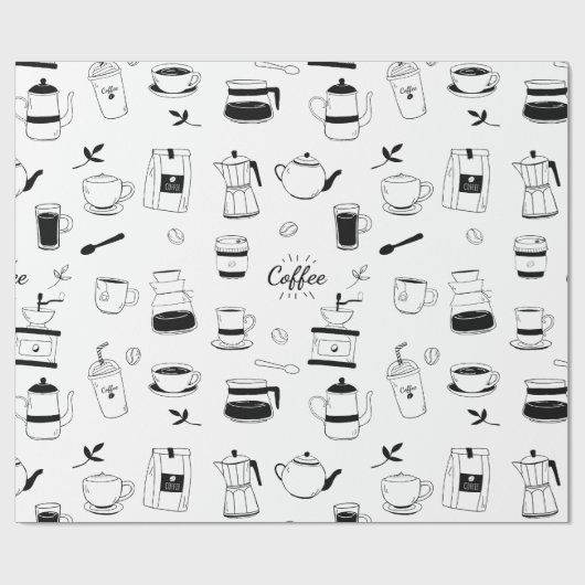 Hand Drawn Black Coffee en Cafe Pattern Cadeaupapier (Vlak)