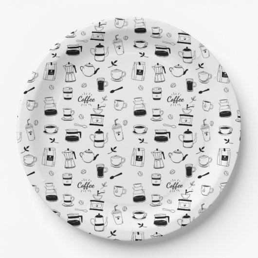 Hand Drawn Black Coffee en Cafe Pattern Papieren Bordje (Voorkant)