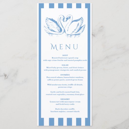 hand drawn Blue Couple Swan Whimsical Wedding Menu (Voorkant)