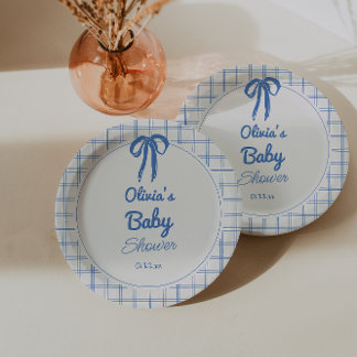 Hand Drawn Blue Gingham Bow Baby Shower Papieren Bordje