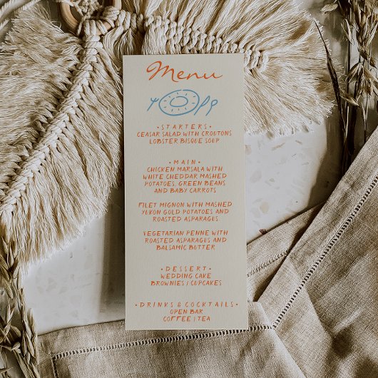 Hand Drawn Blue Orange Whimsical Wedding Menu