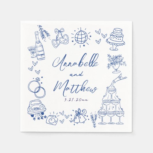 Hand Drawn Blue Whimsical Wedding Servet (Voorkant)