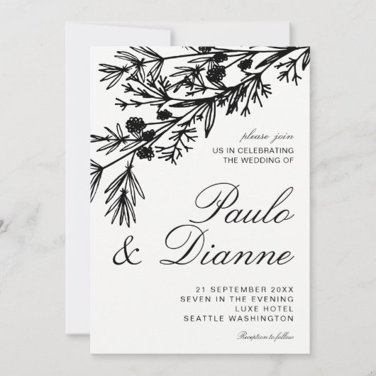 Hand Drawn Botanical Leaves Wedding Invitation Kaart (Voorkant)