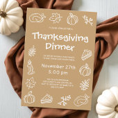 Hand Drawn Brown Whimsical Thanksgiving Dinner Kaart